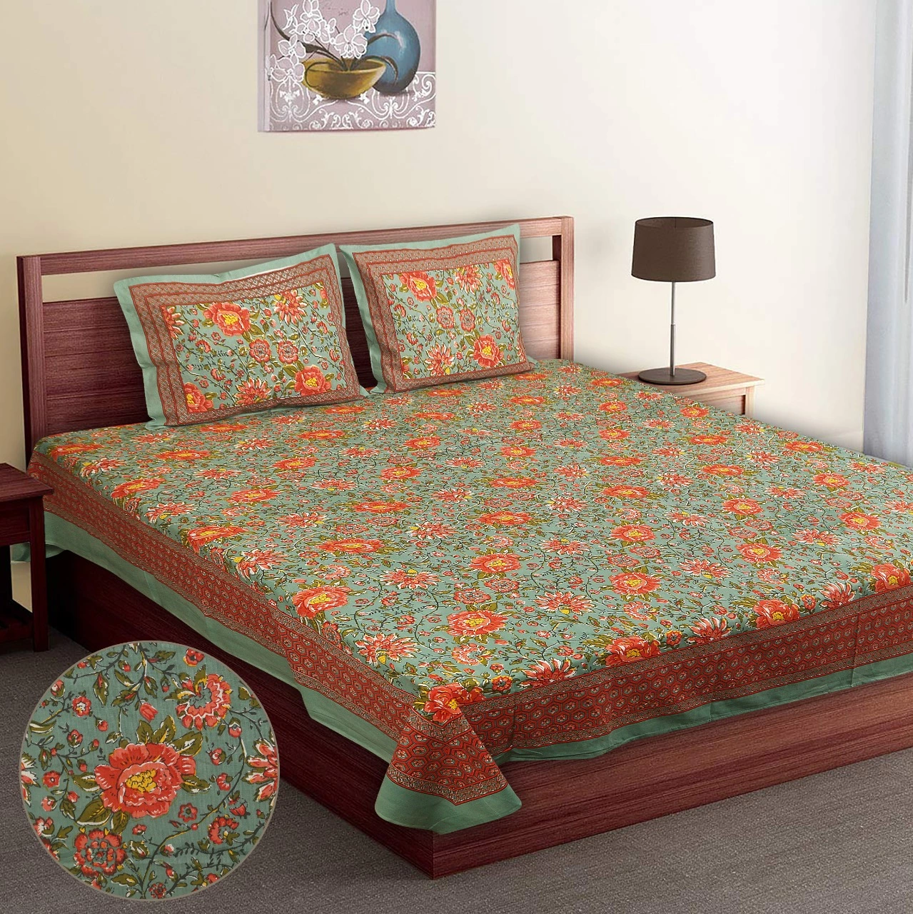 Exquisite green orange ethnic cotton  double bedsheet
