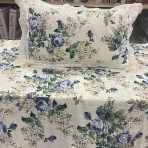 Lace_frill_cream_blue_floral_cotton_double_bedsheet