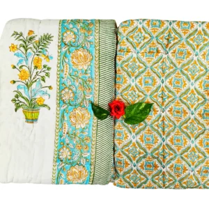 turquoise_yellow_white_single_handblock_razai