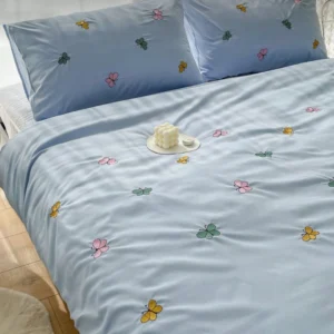 Blue Cotton Embroidered Double Bedsheet with Multicolour Butterfly