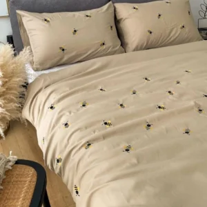 Brown Cotton Embroidered Double Bedsheet with Honeybee