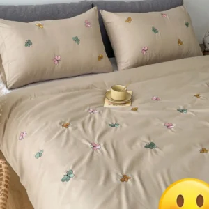 Brown Cotton Embroidered Double Bedsheet with Multicolour Butterfly