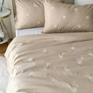 Brown Cotton Embroidered Double Bedsheet with White Flowers