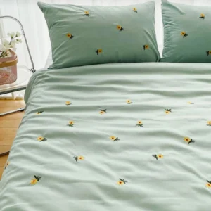 Green Cotton Embroidered Double Bedsheet with Sunflowers