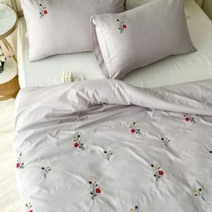 Light Grey Cotton Embroidered Double Bedsheet with Red and Yellow Flowers
