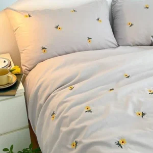 Light Grey Cotton Embroidered Double Bedsheet with Yellow Flowers