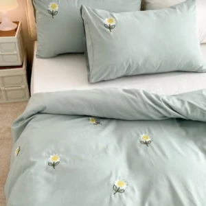 Pastel Green Cotton Embroidered Double Bedsheet with white Daisy Flowers