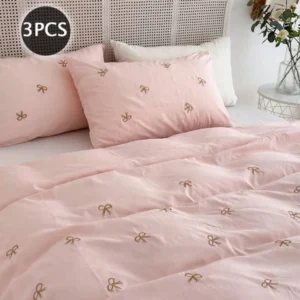 Pink Cotton Embroidered Double Bedsheet with Brown Bows