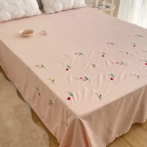 Pink Cotton Embroidered Double Bedsheet with Multicolour Tulips