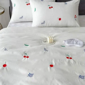 White-Cotton-Embroidered-Double-Bedsheet with red cherry and green-blue leaf pattern