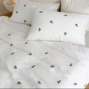 White Cotton Embroidered Double Bedsheet with Blue Flowers