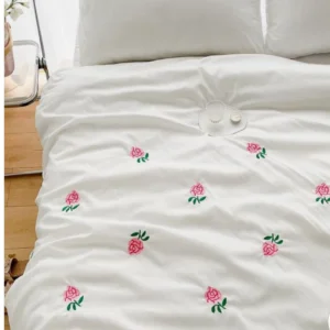 White Cotton Embroidered Double Bedsheet with Pink Rose