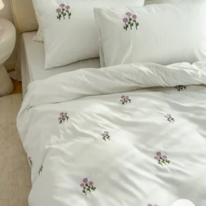 White Cotton Embroidered Double Bedsheet with Purple Flowers