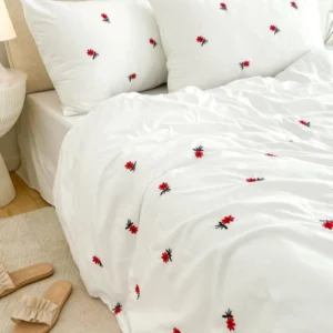 White Cotton Embroidered Double Bedsheet with Red Flowers