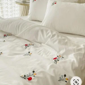 White Cotton Embroidered Double Bedsheet with Red and Yellow Flowers