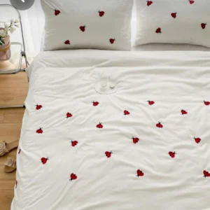 White Cotton Embroidered Double Bedsheet with Red ladybugs