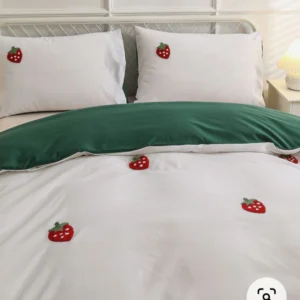 White Cotton Embroidered Double Bedsheet with Red strawberry