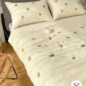 Yellow Cotton Embroidered Double Bedsheet with Multicolour Butterfly