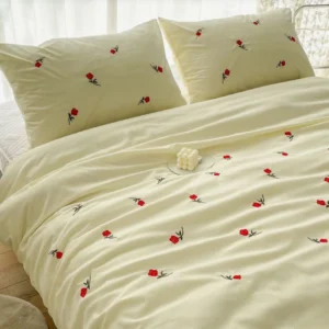 Yellow Cotton Embroidered Double Bedsheet with Red Rose