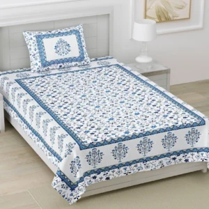 Elegant jaal print in blue on cream in pure premium cotton on single bedsheet with one pillow cover