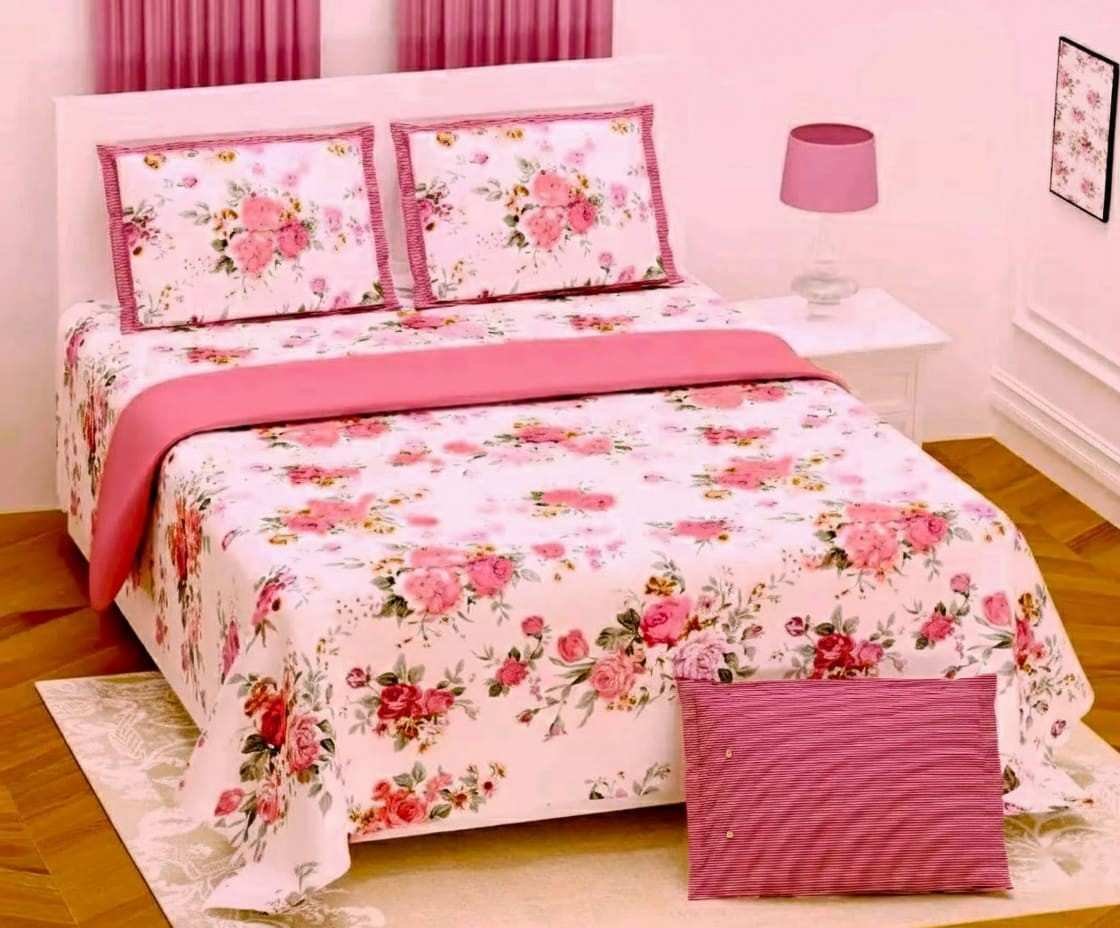 Shades of pastel peachish pink and off white floral print on double bedsheet