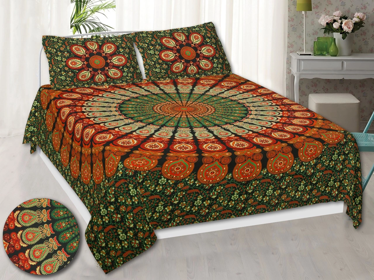 Mandala shades of green and orange double bedsheet - Bedsheets India