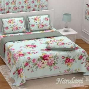 Shades of pastel green and pink floral print on double cotton twill bedsheet