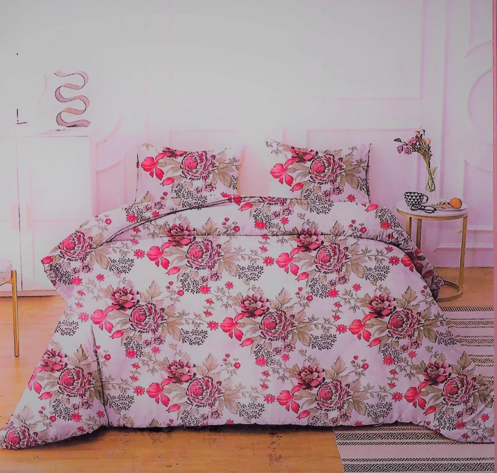 Shades of pink maroon and olive green on light pink in contemporary print on premium double bedsheet
