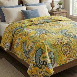 Floral print dark yellow paisley kantha work double bedcover