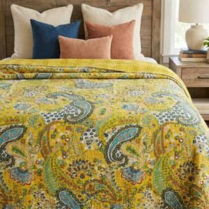 Floral print dark yellow paisley kantha work double bedcover