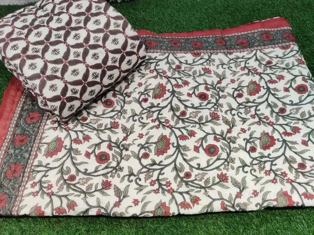A piece of beauty exquisite pair of single jaipur razai in premium cotton in print of maroon and green