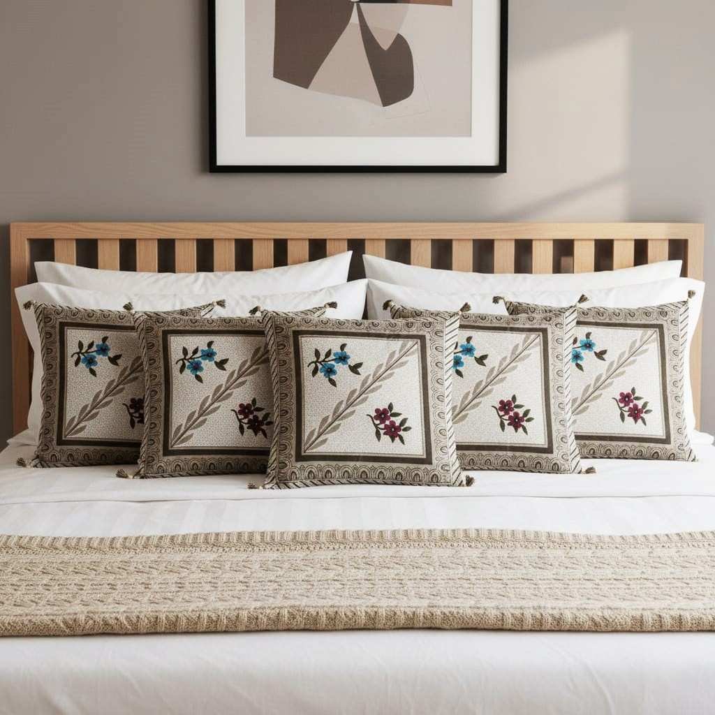 Exquisite quilted patchwork cushion cover set of 5 cushions in grey and white
