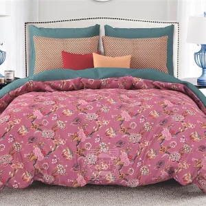 Exquisite print on pink cotton double bedsheet and two pillow covers