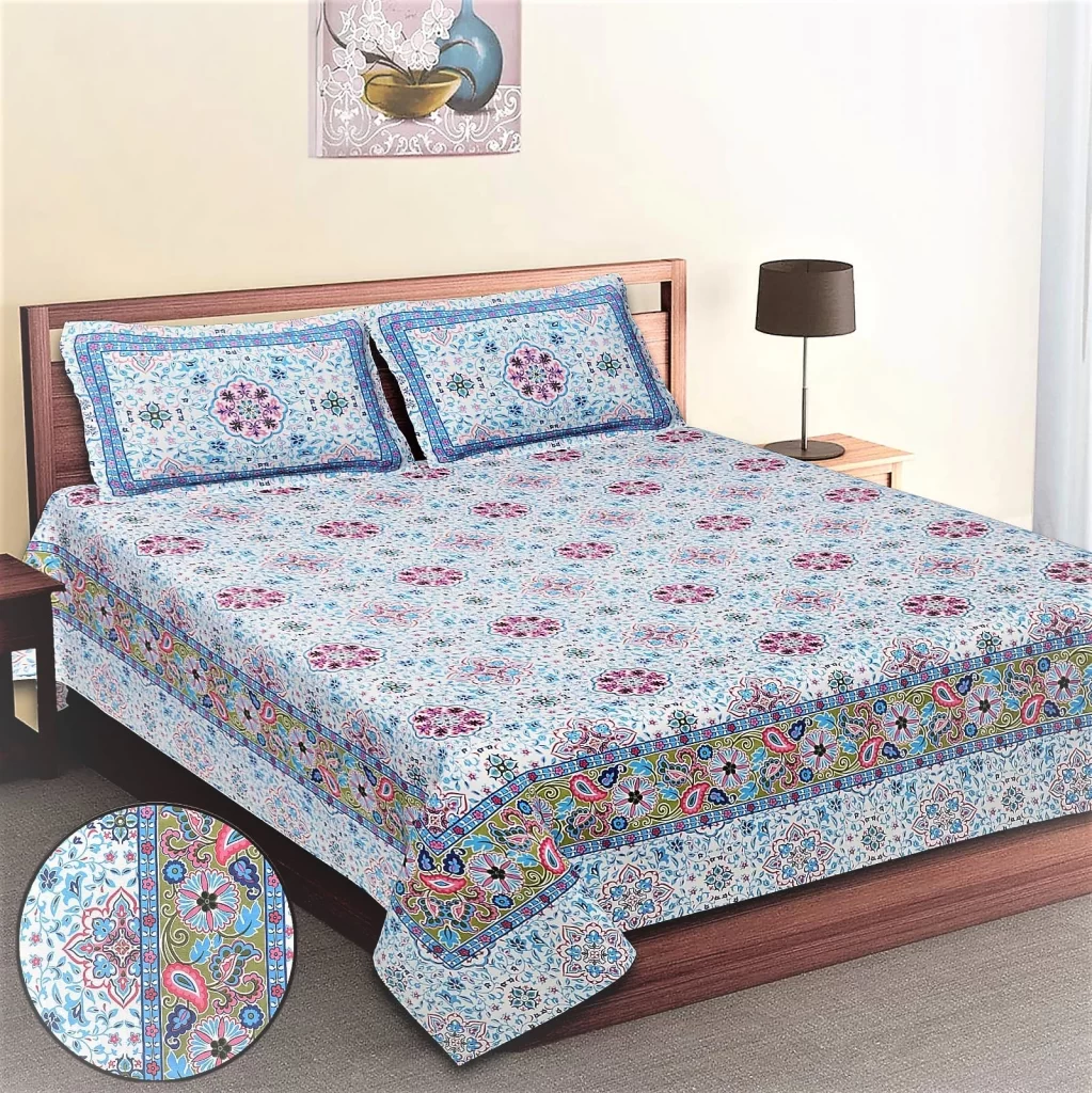 Exquisite print in blue on white on super kingsize double bedsheet in premium cotton and two pillow covers
