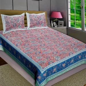 Paisley print on cotton single bedsheet and two pillow covers in beautiful colours of peach and blue