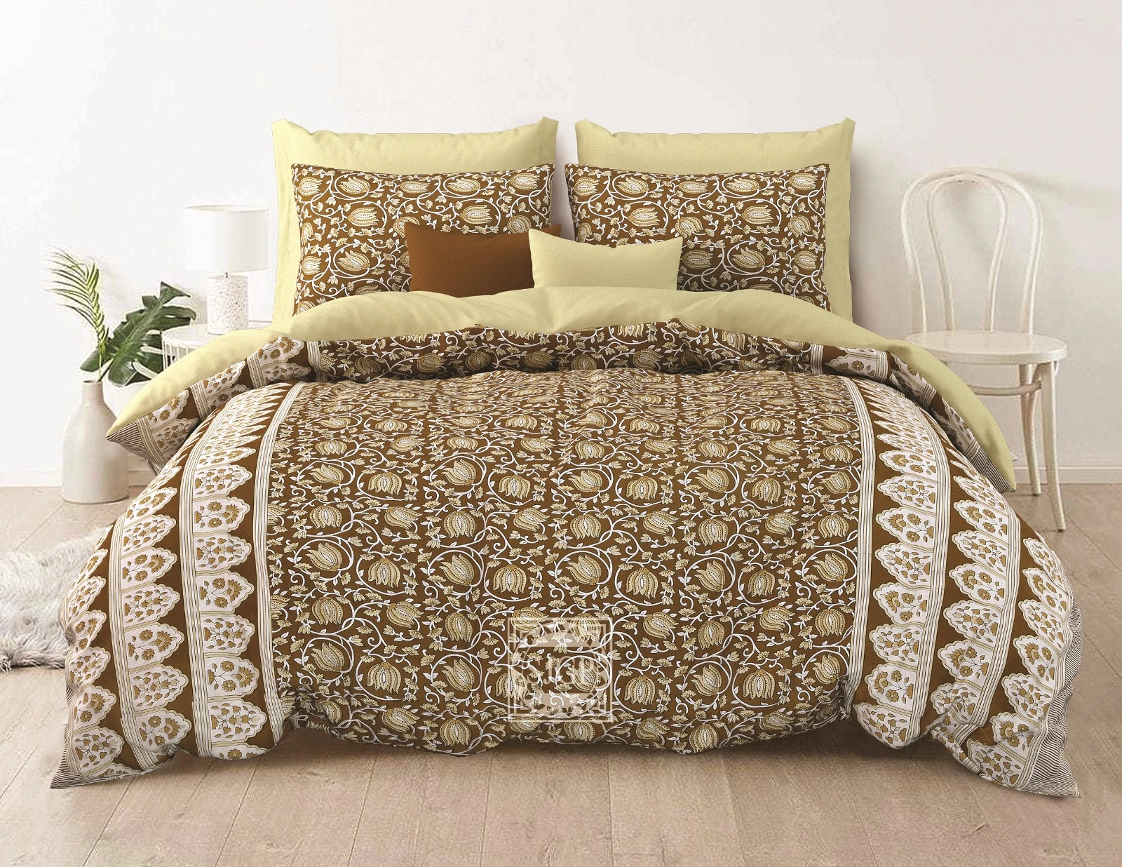 Elegant brown and cream print on premium cotton double bedsheet with ...