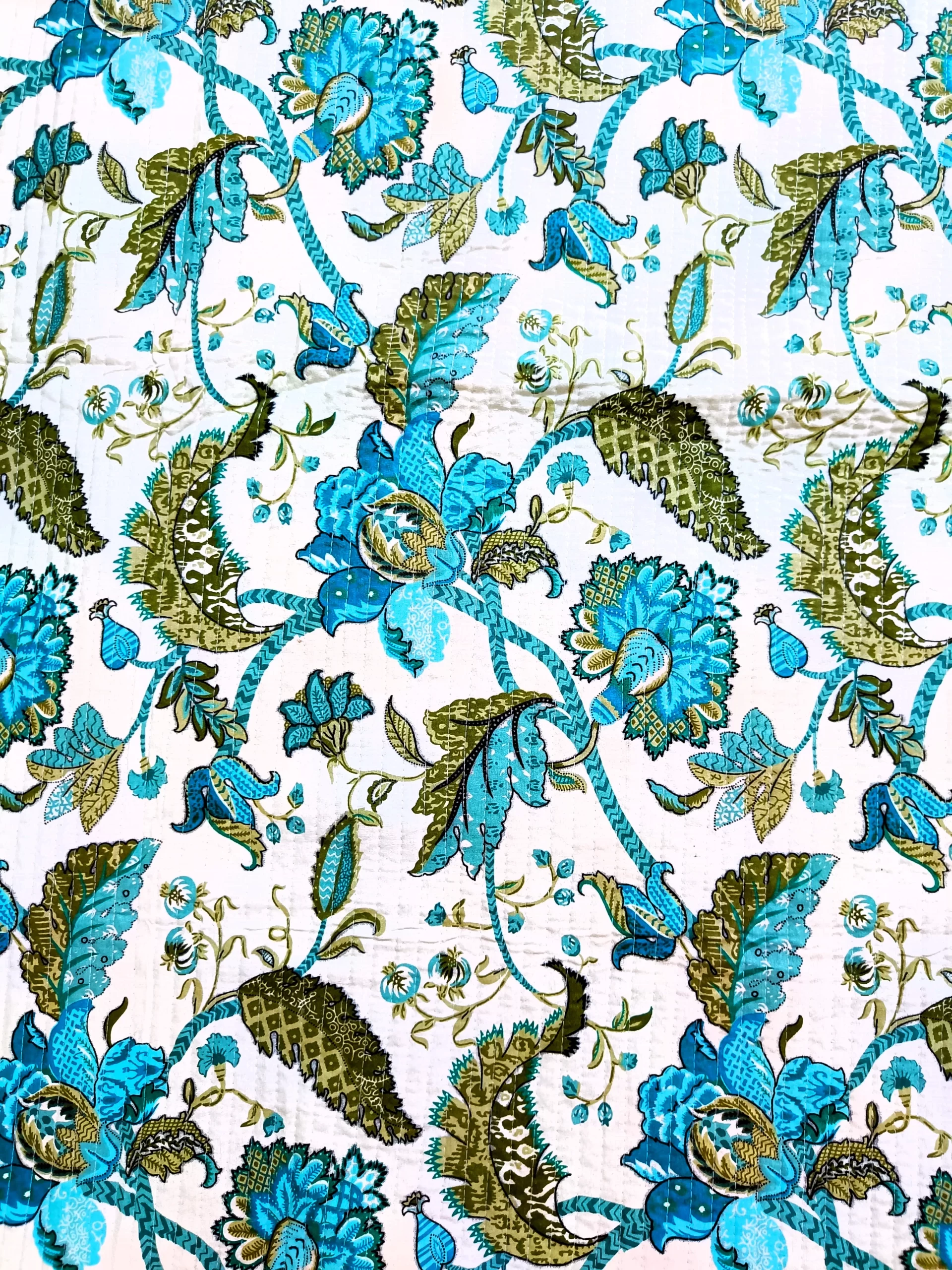 Exquisite print in blue on cream anokhi floral quilted bedcover and two ...