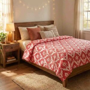 Beautiful print in red on white and pink kantha work doublebed bedcover pure cotton