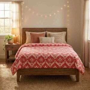 Beautiful print in red on white and pink kantha work doublebed bedcover pure cotton