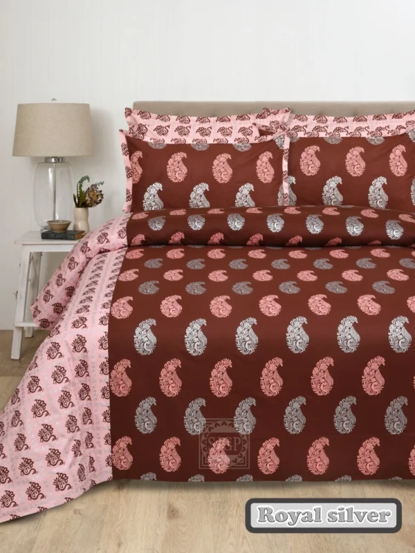 pink_maroon_silver_booti_cotton_superkingsize_double bedsheet