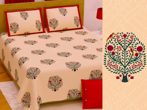 peach_kanthawork_cotton_double_bedsheet