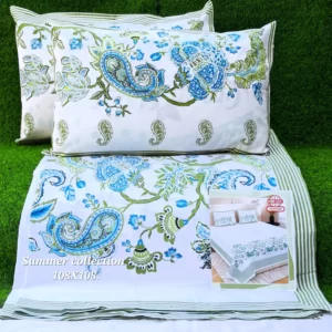 white_blue_green_cotton_double_bedsheet