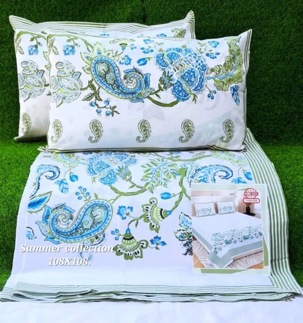 white_blue_green_cotton_double_bedsheet