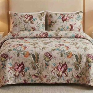 Exquisite floral maroon print on mauvish beige quilted, reversible bedcover and two quilted pillow cover