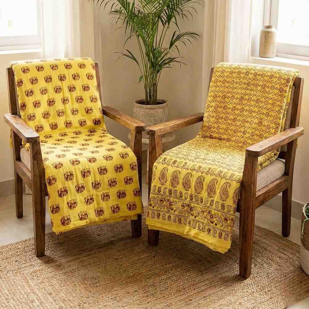 A pair of two single beautiful exquisite jaipur razais in elephant design on premium cotton mulmul in yellow and red