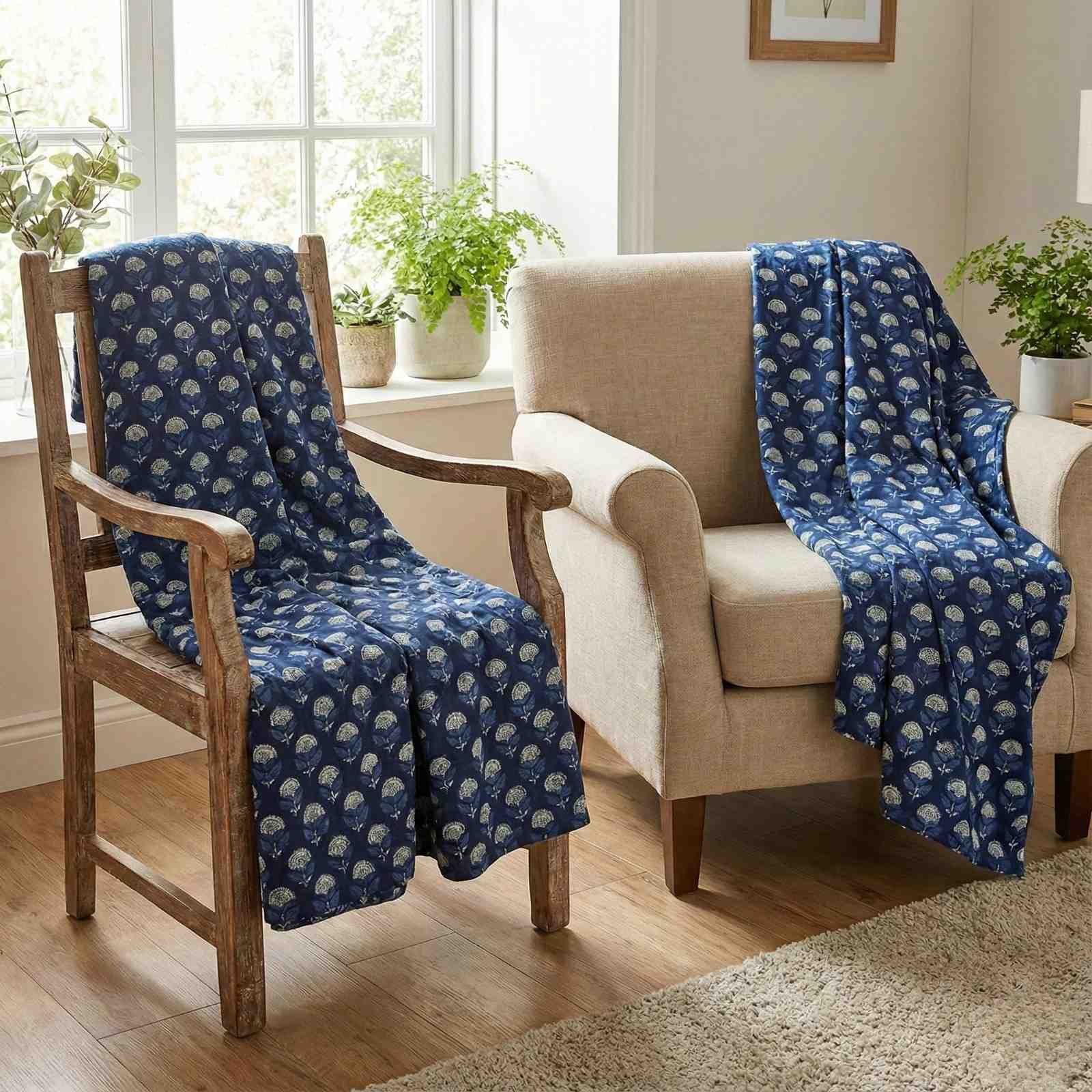 Exquisite pure cotton indigo blue and white pair of single dohar in premium mulmul - Image 2