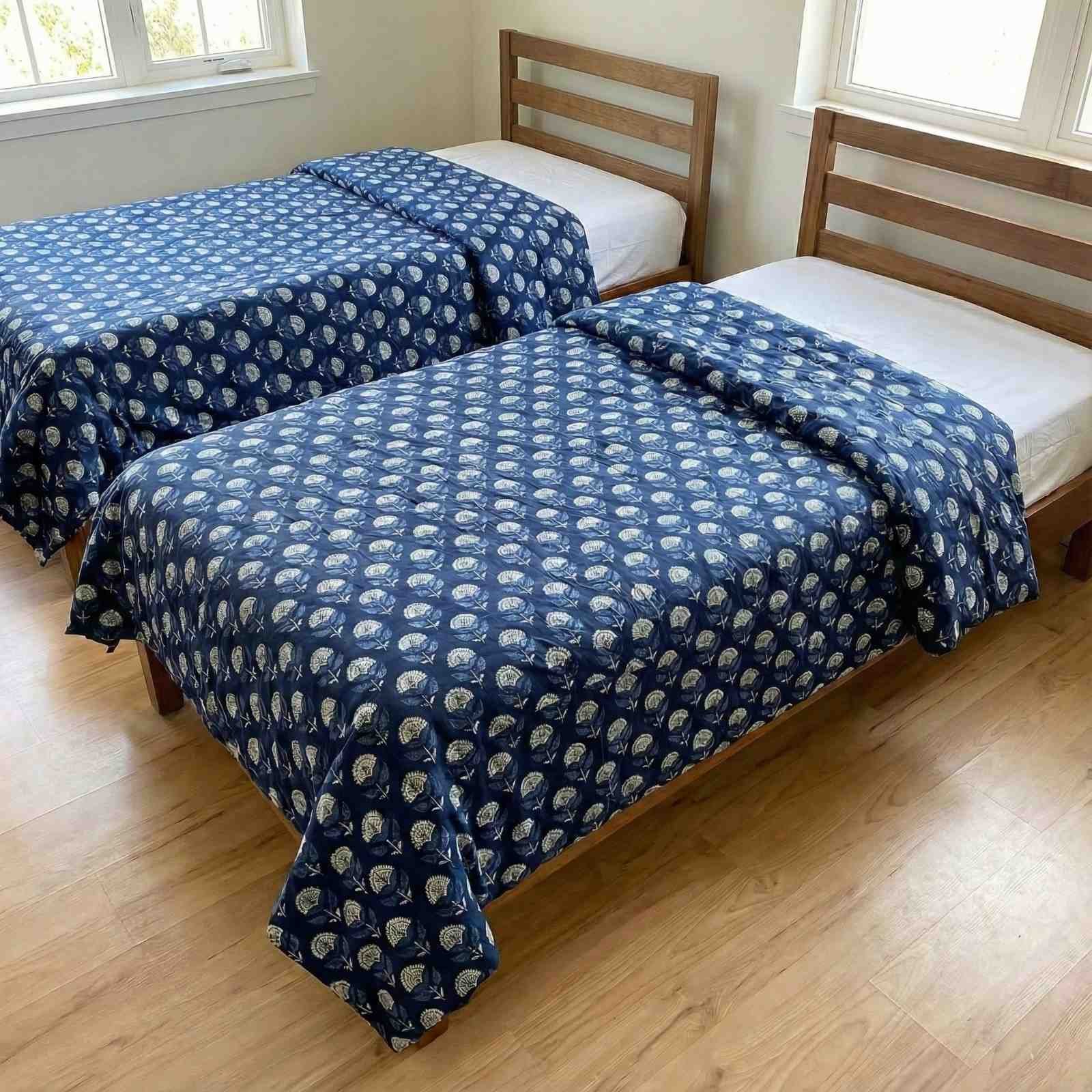 Exquisite pure cotton indigo blue and white pair of single dohar in premium mulmul