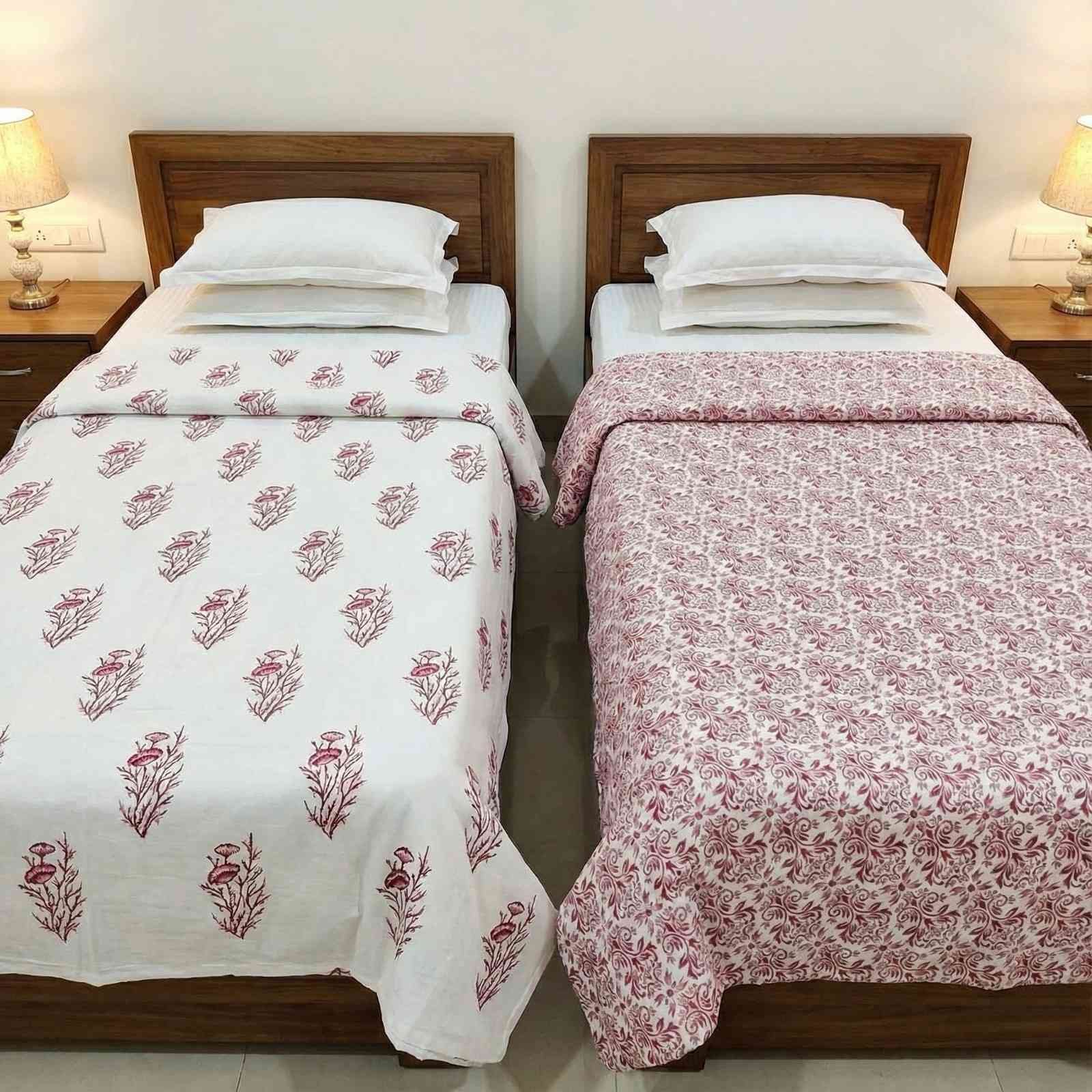 Exquisite pink, maroon and white pair of single dohar in premium cotton