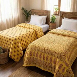 A pair of two single beautiful exquisite jaipur razais in elephant design on premium cotton mulmul in yellow and red