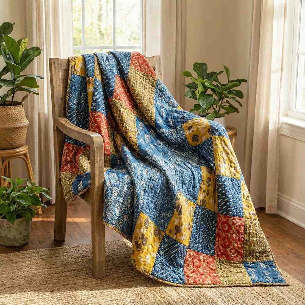 A piece of beauty exquisite patchwork multicolour jaipur razai in premium cotton mulmul